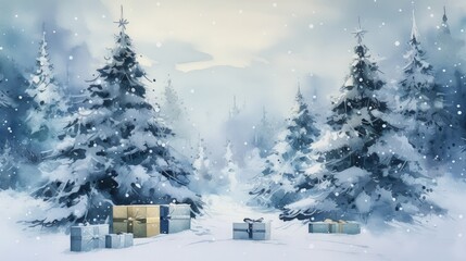 Fototapeta na wymiar Pine forest in the snow, Christmas gifts, Christmas holiday concept. Generative AI