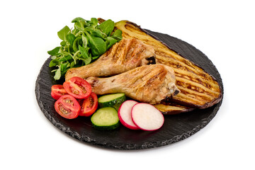 Grilled chicken with vegetables, isolated on white background.