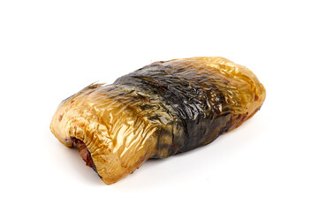 Cold smoked mackerel pieces, close-up, isolated on white background.