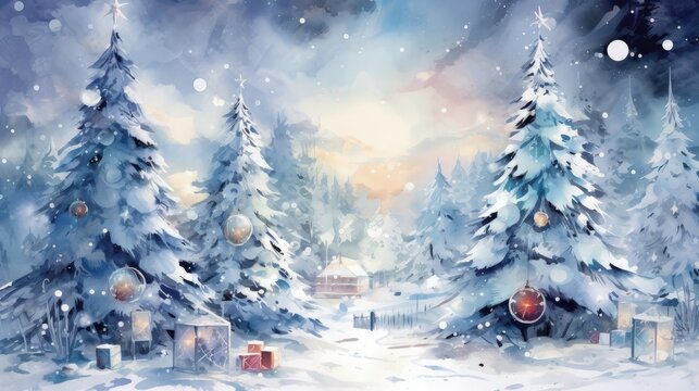Pine forest in the snow, Christmas gifts, Christmas holiday concept. Generative AI