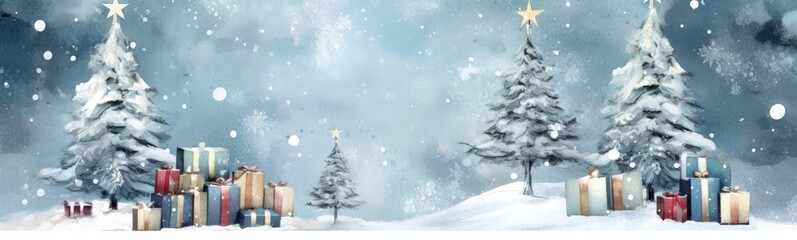 Naklejka na ściany i meble Pine forest in the snow, Christmas gifts, Christmas holiday concept. Generative AI