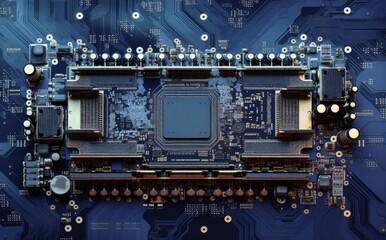 Board with chip and circuits, technology concept, digital illustration. Generative AI