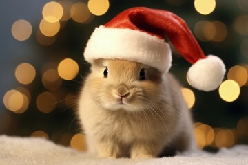 Rabbit in Santa Claus hat, Christmas holiday concept. Generative AI