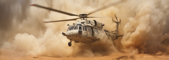 Generative AI, military helicopter takes off in thick dust clouds.