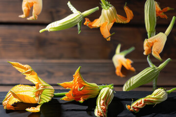 Fototapeta na wymiar Courgette flowers of zucchini, flying over a wooden table, made with ai generative tools
