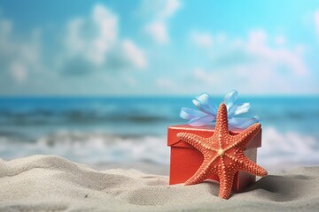 Fototapeta na wymiar Gift box with starfish on the beach, christmas holiday concept. Generative AI