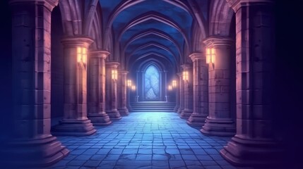Interior of a medieval castle, game scene, shades of purple, fantasy concept. Generative AI