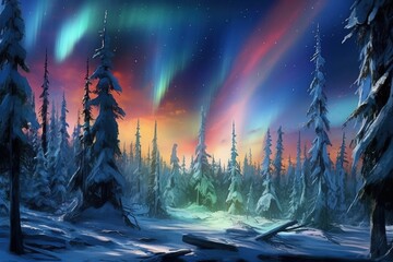 Landscape with pine forest, snow, river and northern lights. Generative AI