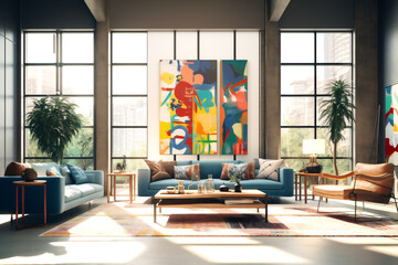Modern living room with abstract art painting. Memphis style interior design. Generative Ai content