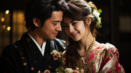 Portrait of a happy young asian couple in traditional japanese kimono in wedding day. Generative AI.