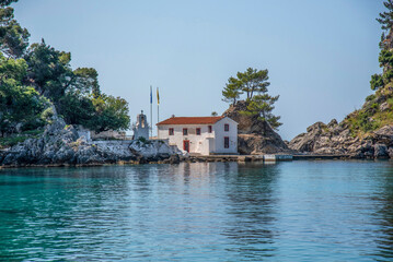 Naklejka premium Panagia Island and small church on beautiful beaches of Greece Parga