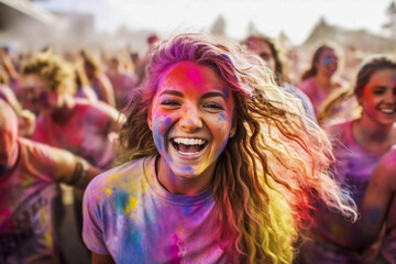 Group of people with colored paint on their faces.