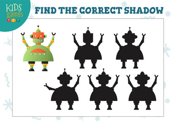 Find the correct shadow for cute cartoon robot educational preschool kids mini game
