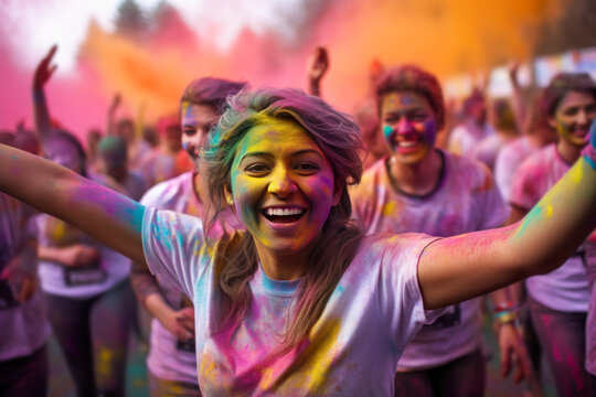 Happy people in white tshirts participating in the colour run.