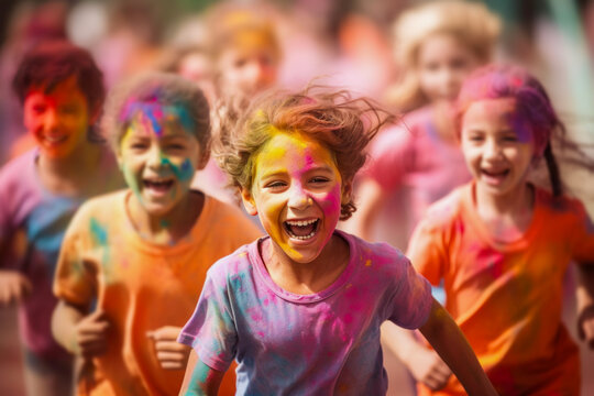 Happy young children running in the colour run.
