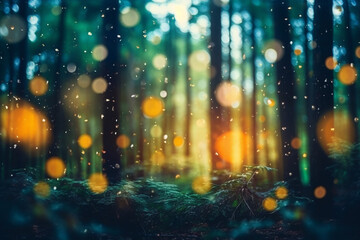 Blurred forest in the morning, defocused trees background with bokeh effect. Generative AI. - 618145205