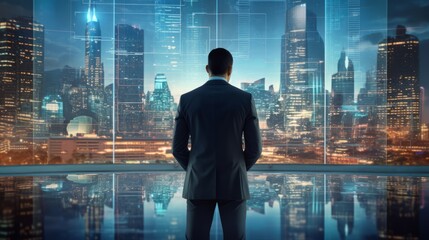 Fototapeta premium Businessman looking at virtual digital screen of the world map of with cityscape background. Back view of businessman looking at abstract business hologram in dark room. Technology concept.