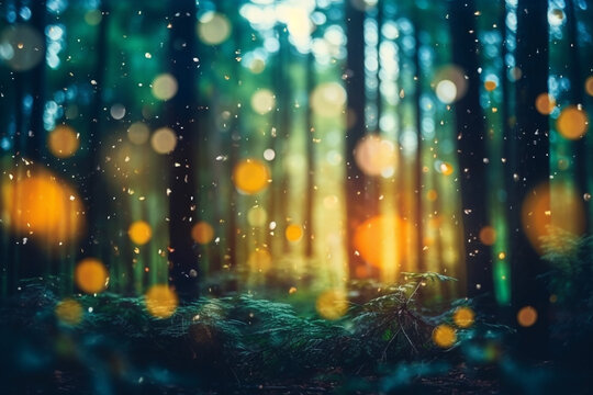 Blurred forest in the morning, defocused trees background with bokeh effect. Generative AI. © nikolya
