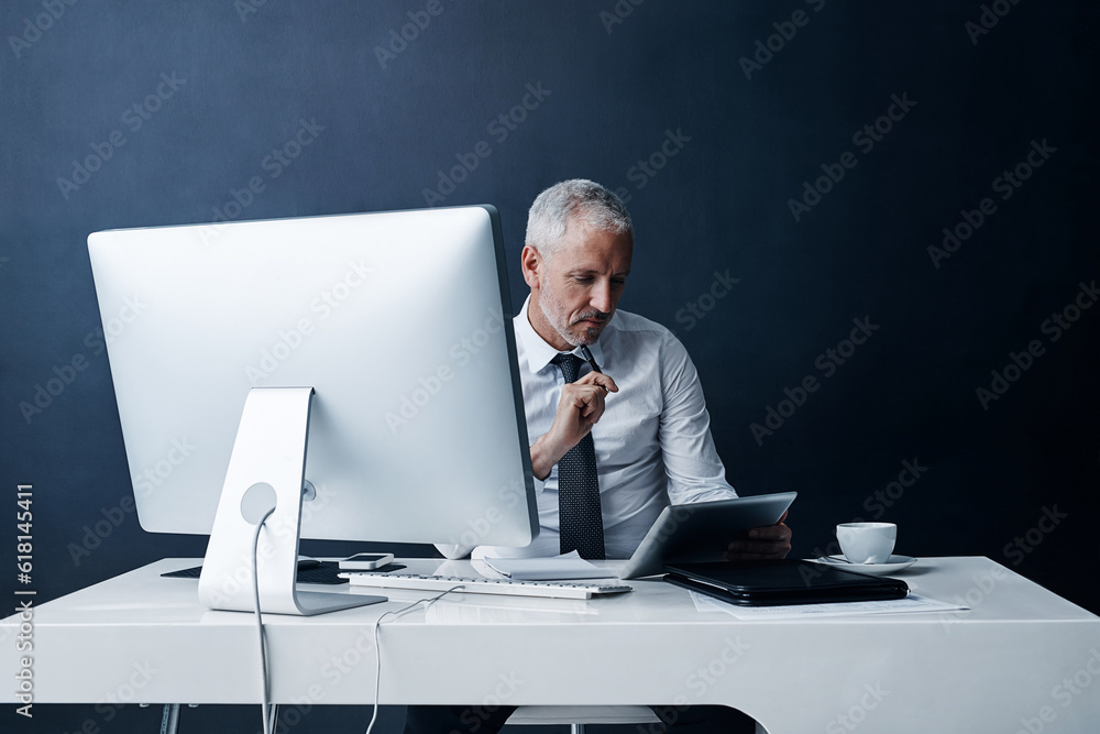 Poster office, thinking and business man on tablet online for social media, internet and browse website at 