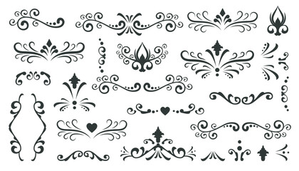 Set of black vintage calligraphic elements isolated. Collection of decorative shapes, frames, curls, heart, border. Vector illustration for photos, invitations, cards, announcements, business card