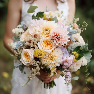 Girl standing in the nature holding a flower bouquet