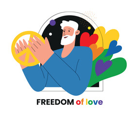 Man with a peace symbol and LGBT colored hearts. Flat vector Pride month illustrations of free love and peace
