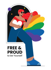 Free and proud to be yourself girl walking to a new world with LGBT colored splashes and big heart in her hands. Flat vector illustration for Pride month