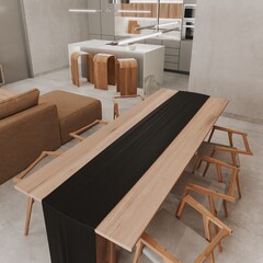 Wooden table with a dark accent insert with chairs in an ultra modern designer light interior marble floor.