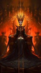 Fototapeta na wymiar dark of night, evil queen presiding over an esoteric ritual, flashes of orange light