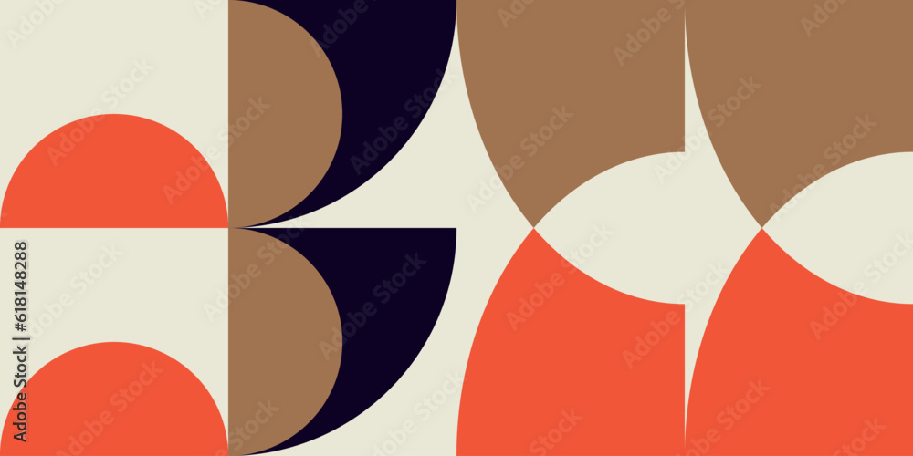 Poster Geometric abstract vector seamless pattern with circles, rectangles and squares in retro Bauhaus style. Pastel colored simple shapes graphic background.