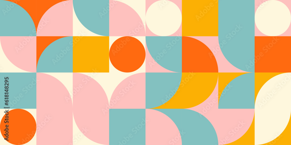 Poster Retro geometric aesthetics. Bauhaus and avant-garde inspired vector background with abstract simple shapes like circle, square, semi circle. Colorful pattern in nostalgic pastel colors.