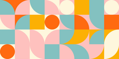 Retro geometric aesthetics. Bauhaus and avant-garde inspired vector background with abstract simple shapes like circle, square, semi circle. Colorful pattern in nostalgic pastel colors.