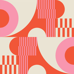 Modern vector abstract  geometric background with circles, rectangles, squares and stripes  in retro Bauhaus style. Pastel colored - 618148298