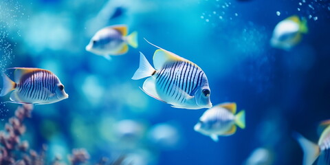 Tropical sea underwater fishes on coral reef. Aquarium oceanarium wildlife colorful marine panorama...