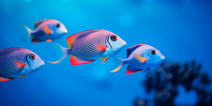 Tropical sea underwater fishes on coral reef. Aquarium oceanarium wildlife colorful marine panorama landscape nature snorkeling diving