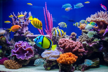 Fototapeta na wymiar Tropical sea underwater fishes on coral reef. Aquarium oceanarium wildlife colorful marine panorama landscape nature snorkeling diving