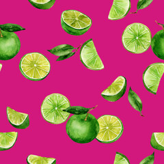 Watercolor lime seamless pattern. Citrus tile. Fresh food, organic fruit background. Repeat texture, fabric, textile, menu, paper, kitchen, cocktail bar design.