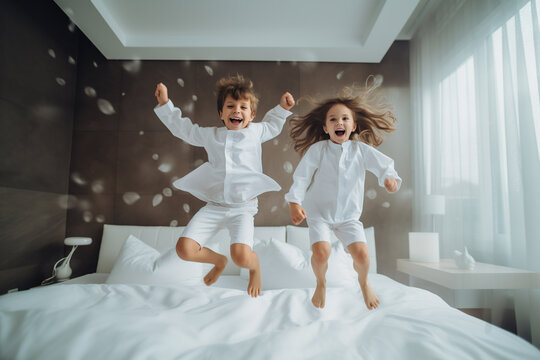 AI generated image of kids having fun on bed