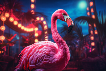 A colorful flamingo and palm trees, perty- showtime, summer paradise, in retro style. Bright neon colors. Generative AI. - obrazy, fototapety, plakaty