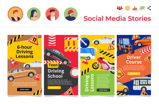 Driving course for learning drive car landing page social media stories internet promo set vector
