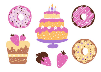 Happy Birthday sweets illustrations. Cupcake with strawberry, donuts, cake. Set of festive food.