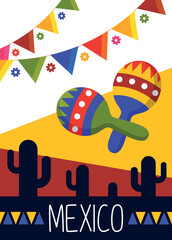 Mexican traditional festival party announcement poster with maracas cactus and flag vector flat