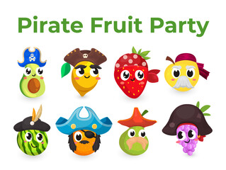 Pirate fruit party cartoon character smileys in carnival costume set isometric vector illustration