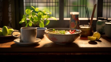 Asian cuisine, Vietnamese pho bo soup, bun bo nam bo, authentic Asian setting, fresh vegetables, Bok choy, pak choi, Chinese cabbage, soft backlight. AI generated