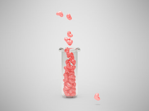 Hearts in test tube for Valentine's Day 3d illustration on gray background with shadow