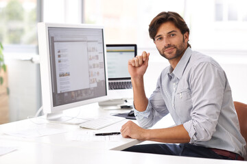 Business man, web design portrait and computer of a IT professional at a office desk. Typing, cyber company and digital website iot of a online employee with pc technology at a startup workplace