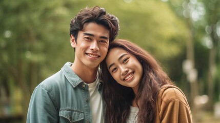Naklejka premium Happy young Asian couple standing in the park, looking at the camera. Closeup portrait of a cheerful young Asian couple in the city garden. Beautiful romantic shot of a smiling couple outdoors.