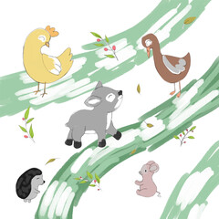 Cute watercolor background with animals in green colors, zoo