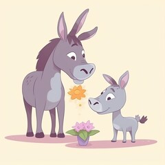 Obraz na płótnie Canvas Postcard baby animal gives a flower to mom. illustrative minimalistic image. Concept: happy mother's day, expression of love and appreciation Generative AI