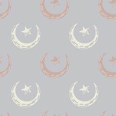 Seamless pattern with hand drawn moon and stars silhouettes print.
